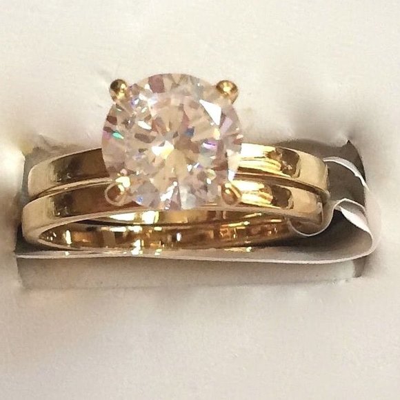 Cubic Zirconia Solitaire Engagement Ring Wedding Set Size 9 10 Gold Plated Band - Picture 2 of 10